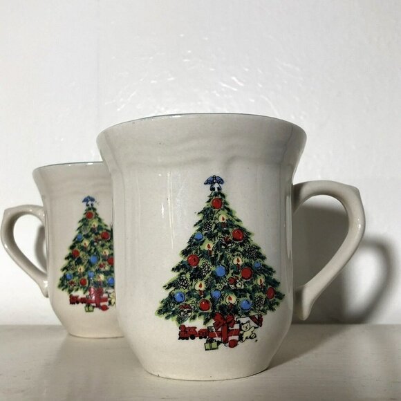 Christmas Tree Mug Set 2 Pair Couple Winter Holiday Ceramic Beige Restaurant - Picture 3 of 10